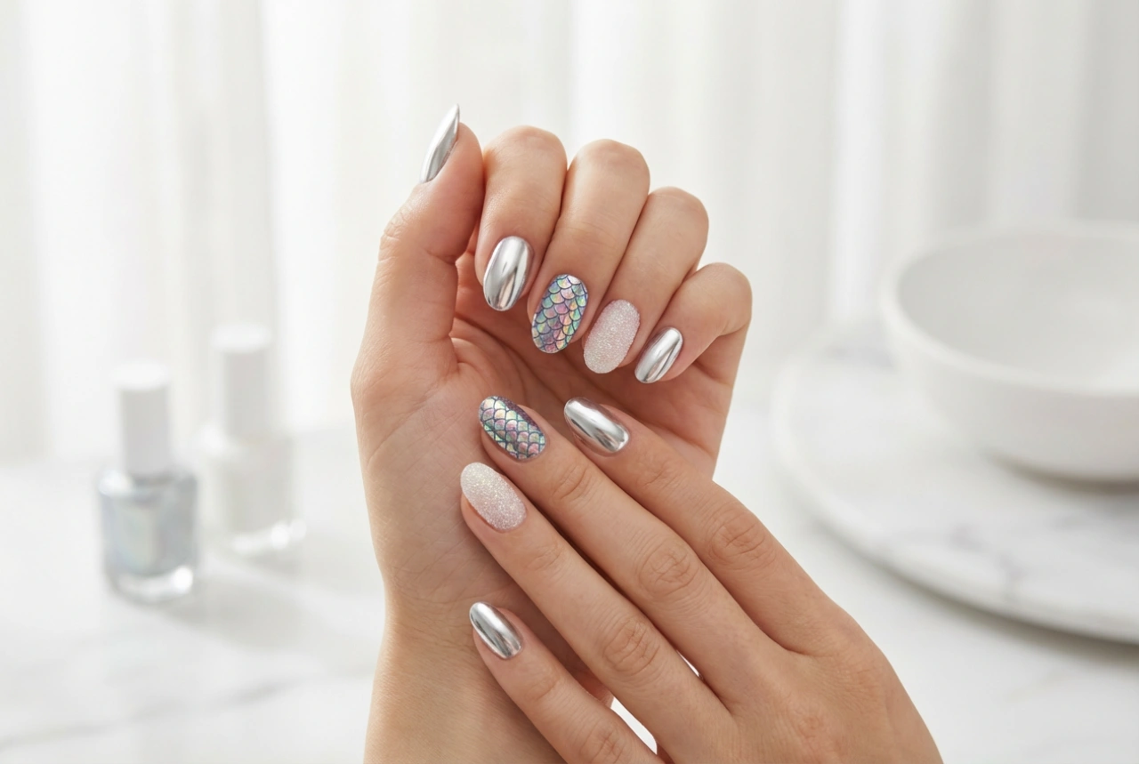 Νύχια με σκόνη εφέ: Εφαρμογή για mirror, mermaid και sugar look