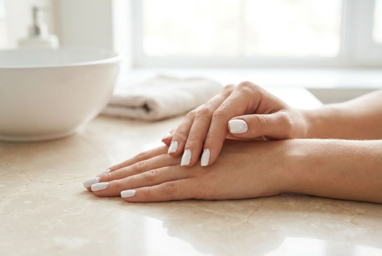 Λευκά νύχια με στρας: προετοιμασία, κόλληση, ασφάλιση