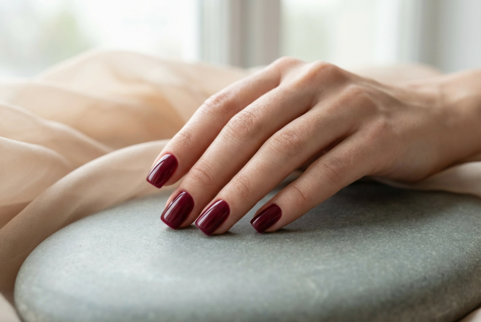 Τετράγωνα μπορντό νύχια: σχήμα, βάψιμο και top coat