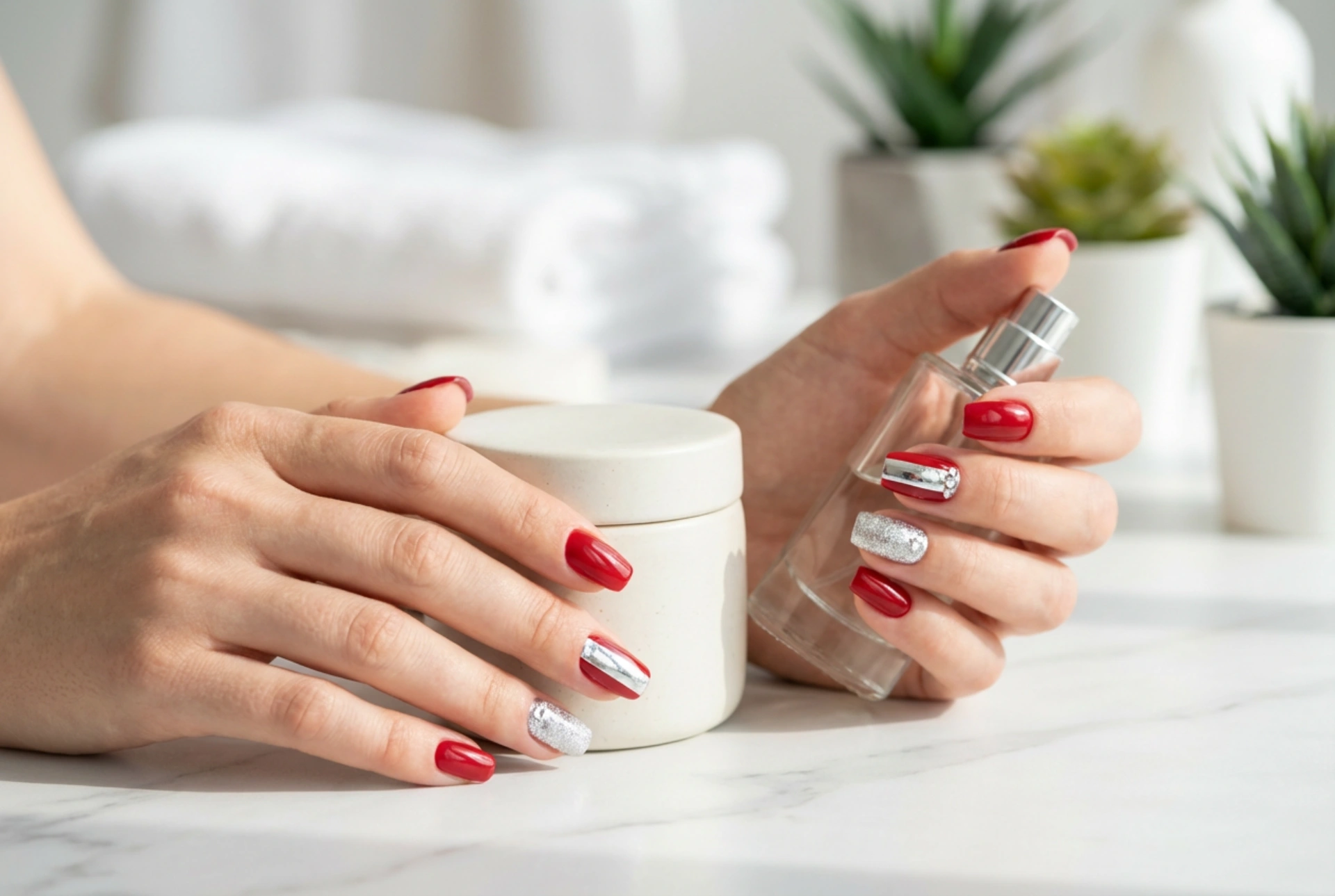 Κόκκινα νύχια με ασημί: πώς να συνδυάσετε γκλίτερ, φύλλα και στρας