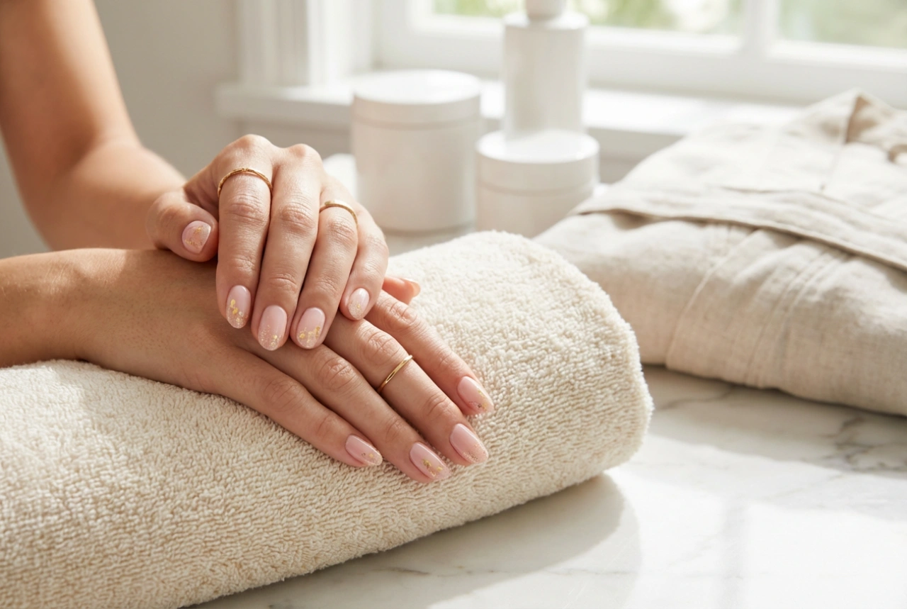 Ροζ νύχια με χρυσό: φύλλα, πούδρες και διακριτικές πινελιές