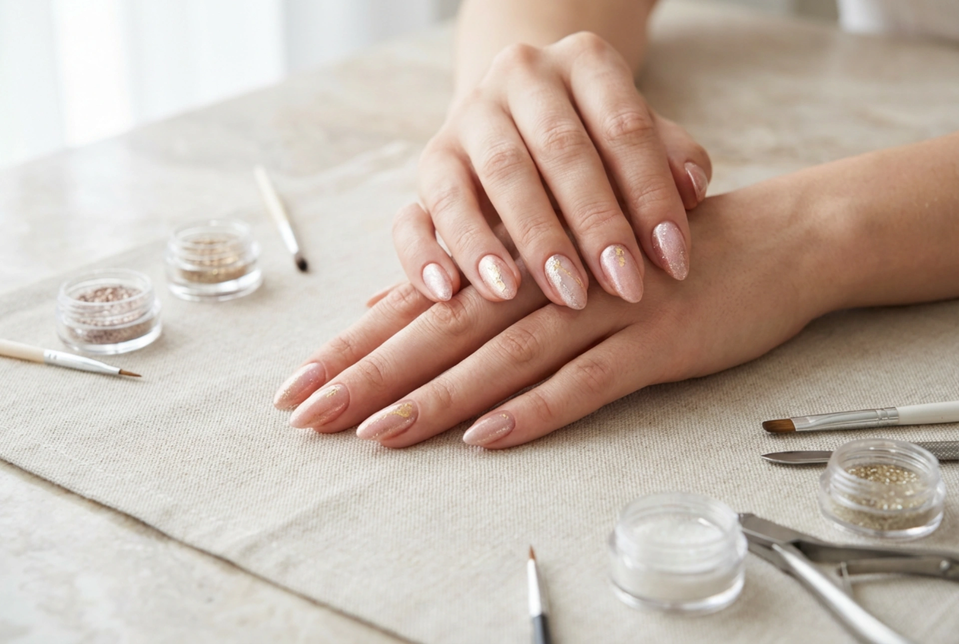 Ροζ-χρυσά νύχια: διακριτική λάμψη, φύλλα και σκόνες