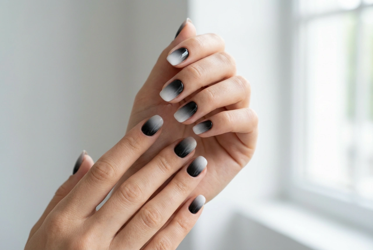 Μαύρο και άσπρο ombre νύχια: αντίθεση χωρίς ραβδώσεις