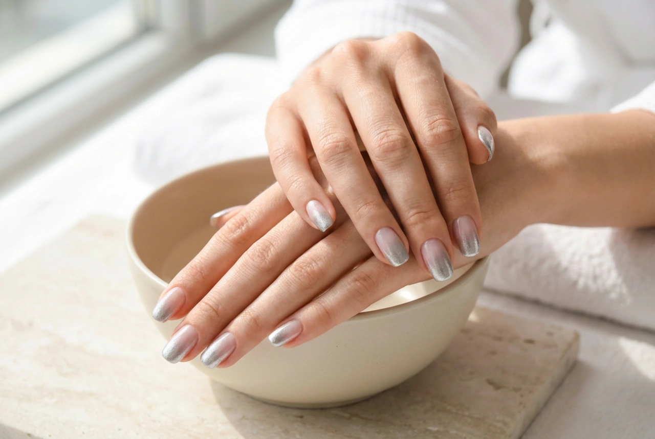 Ασημί όμπρε νύχια: μετάβαση στο ασήμι από διάφορες βάσεις