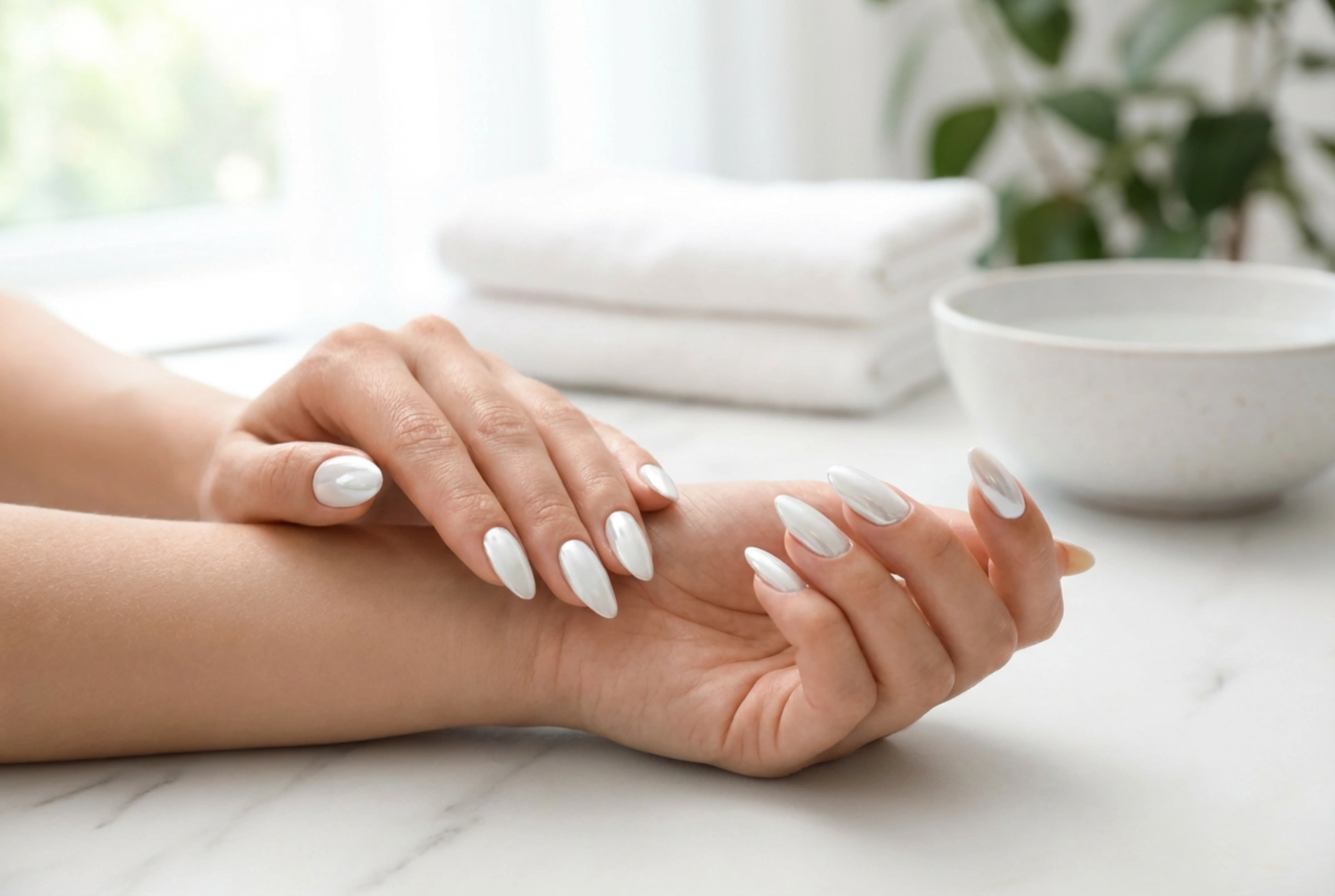 Λευκά νύχια με εφέ πούδρας: εφέ καθρέφτη σε ανοιχτή βάση βήμα προς βήμα