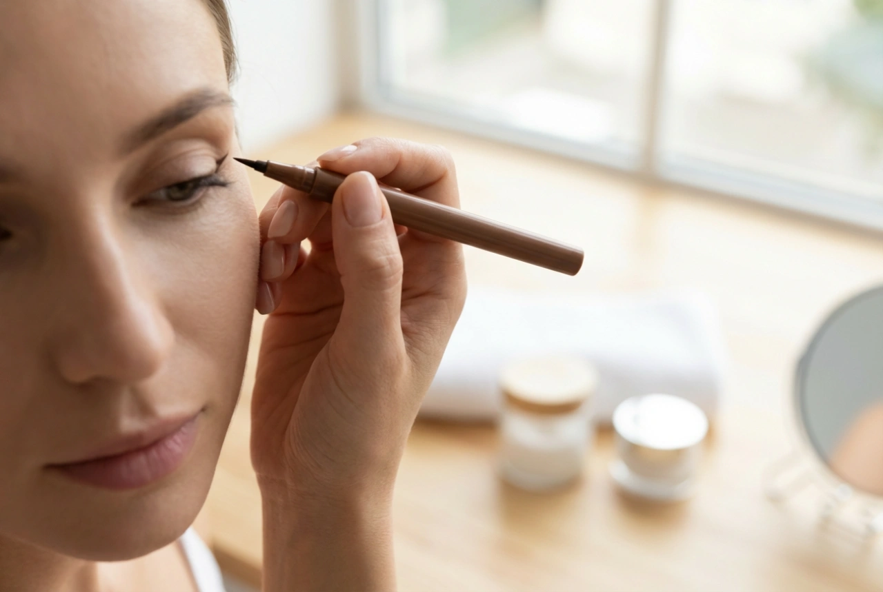 Καφέ eyeliner σε μορφή στυλό: Ακριβές περίγραμμα, σχήματα και διόρθωση λαθών
